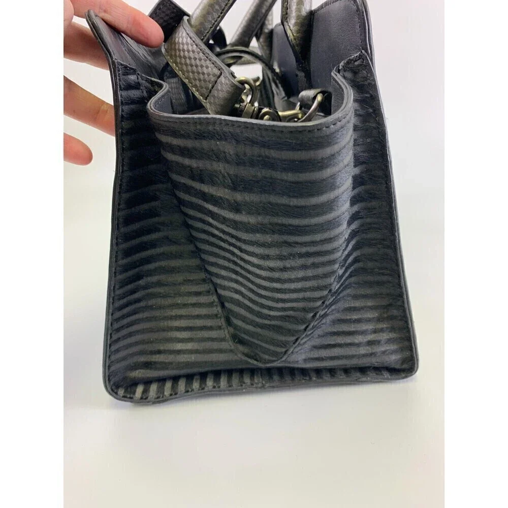 BOGO Zac Posen Satchel Purse Black Leather Fur Stripes Tote Crossbody Strap Snap - Picture 3 of 16